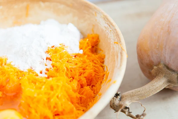 Ingredients for casseroles and pumpkin pancakes — Stock Photo, Image