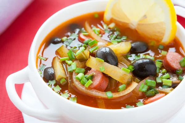 Soup with sausage and olives — Stock Photo, Image