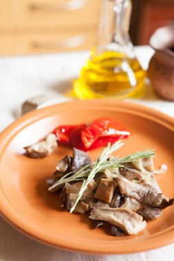 mutfak karşı kahverengi bir tabak kızarmış yağlı mantar