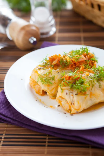 Rotoli di cavolo ucraino su un piatto bianco con salsa di pomodoro — Foto Stock