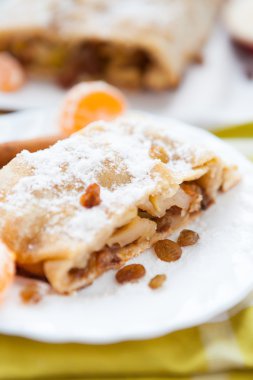 Beyaz bir plaka üzerinde geleneksel elma strudel