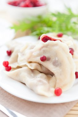 üzerinde beyaz çanak kızılcık mantı pişirilir