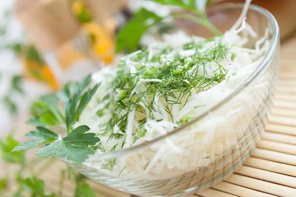 Coleslaw and dill in a transparent bowl — Stock Photo, Image