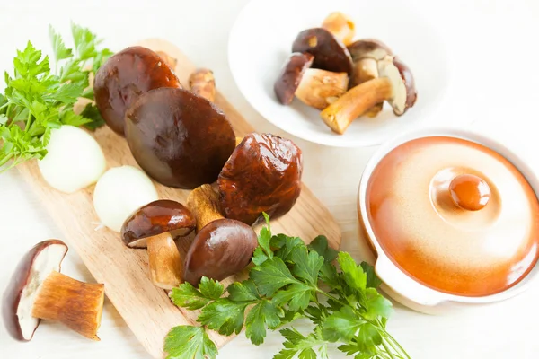 Сирі гриби та інші овочі поруч з керамічним горщиком — стокове фото