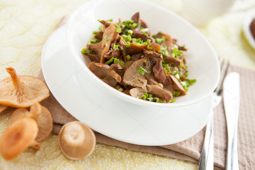 Cooked chanterelles with green onions in a white bowl