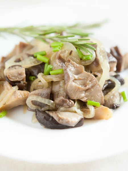 Oyster mushrooms and onions on a white dish — Stock Photo, Image