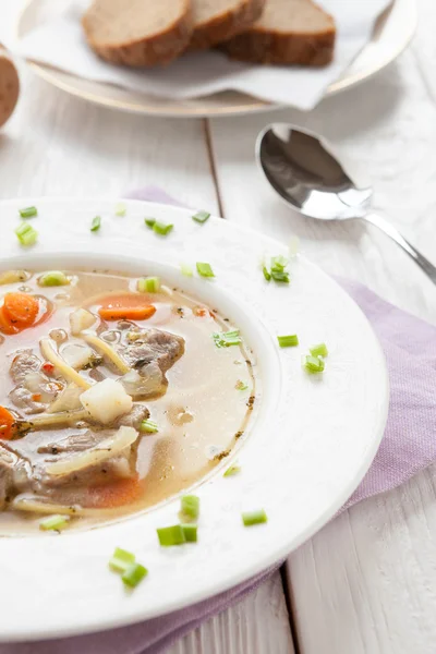Fragrant soup with pork, noodles and vegetables — Stock Photo, Image