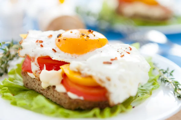 Smakelijk en smaakvol gebakken eieren met groenten — Stockfoto