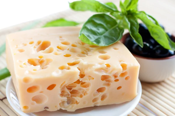 Um pedaço inteiro de queijo num prato branco — Fotografia de Stock