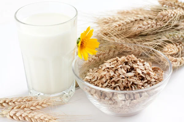 Copos de cereales y un vaso de leche — Foto de Stock