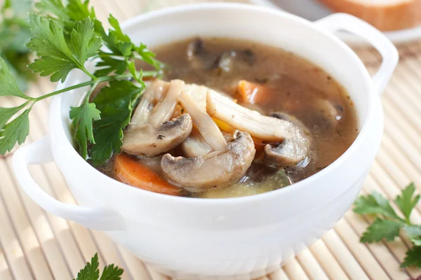 Mushroom soup in white tureen — Stock Photo, Image