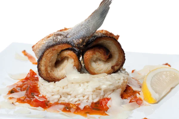 Fried fish and steamed rice — Stock Photo, Image