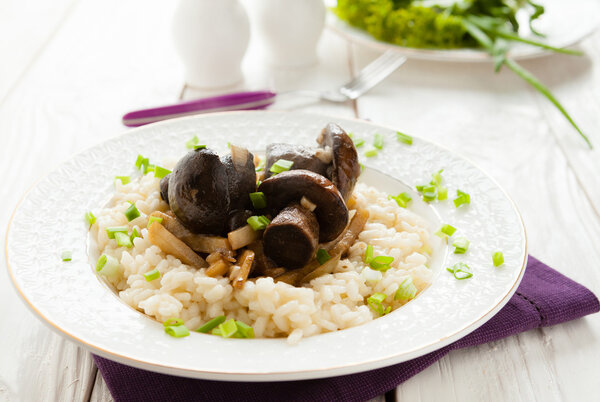 mushroom risotto with Brown cap boletus on a white dish