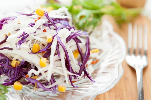 Färsk kål sallad och konserverad majs — Stockfoto