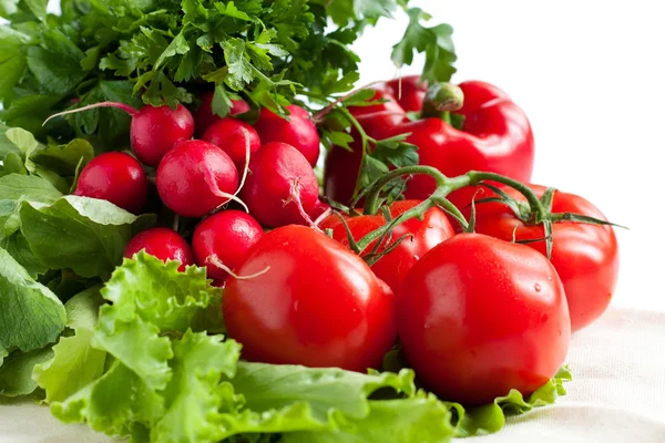 Pepper, parsley, tomatoes, radishes on a napkin — Stock Photo, Image