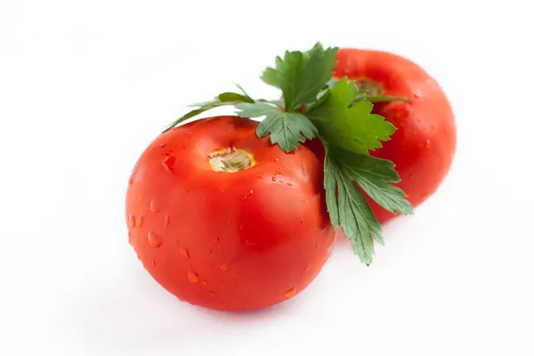 흰색 바탕에 두 잘 익은 빨간 토마토 — 스톡 사진