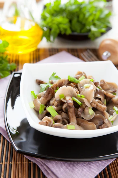 Ensalada de champiñones en un tazón blanco, miel — Foto de Stock