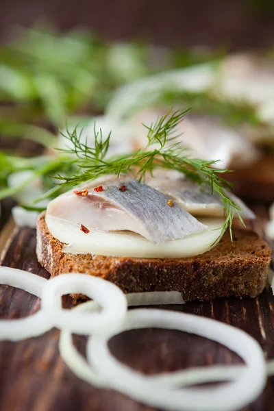 Hidangan pembuka sandwich dengan ikan haring yang direndam — Stok Foto