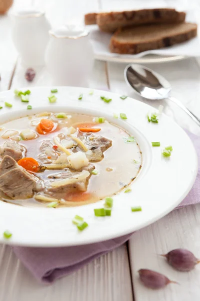 Sup daging bergizi dengan pasta dan wortel — Stok Foto