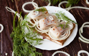 Tuzlanmış ringa balığı filetosu beyaz tabak ve dereotu