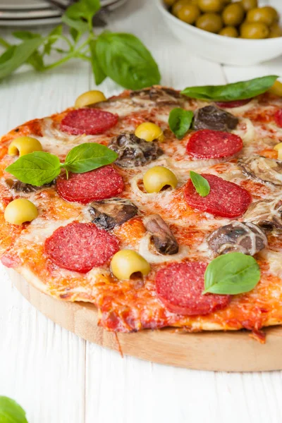 Gustosa pizza con fette di salame su assi bianche — Foto Stock