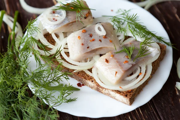 Filetto di aringa con cipolle e aneto sul pane su un piatto — Foto Stock
