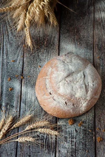 Round bread and wheat ears on top view — Stock Photo, Image