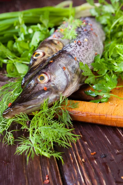 Pique de peixe cru no tabuleiro e verduras — Fotografia de Stock