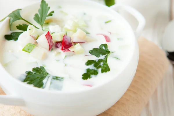 Okroshka freddo su yogurt, minestra estiva — Foto Stock