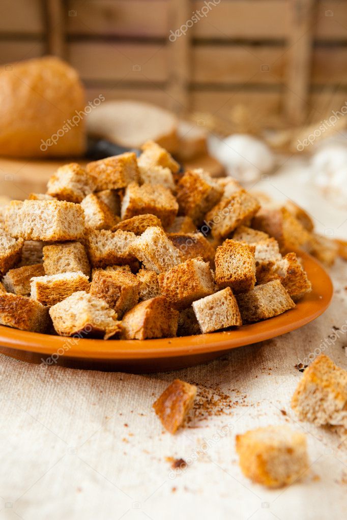 bunch of brown bread croutons