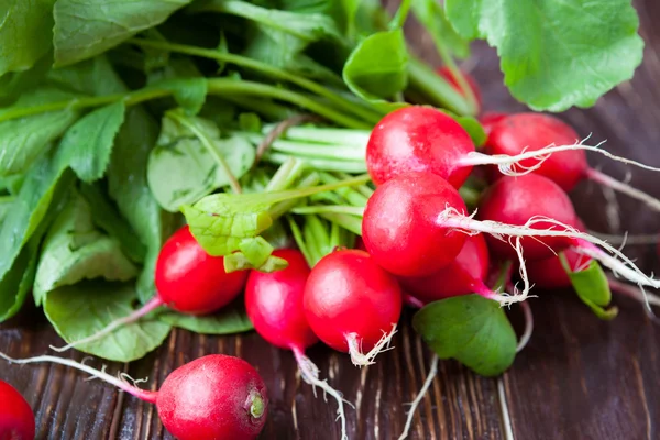 Armful of fresh and juicy radish on the boards — Stock Photo, Image