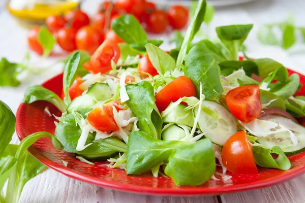 Schöner frischer Salat mit Tomaten und anderem Gemüse — Stockfoto