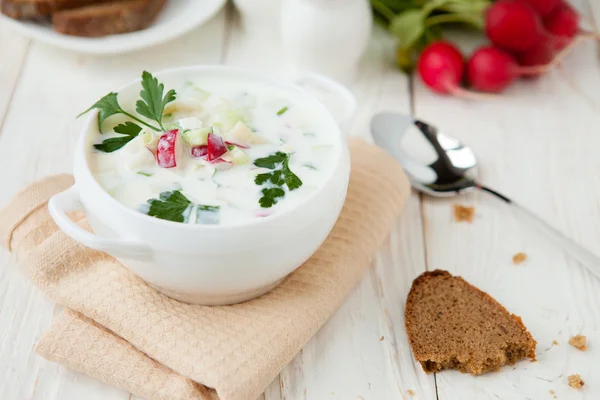 Cold summer soup with yogurt, Russian Okroshka — Stock Photo, Image