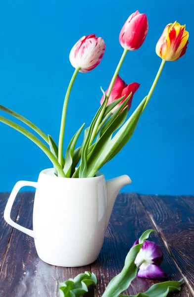 Buquê de tulipas em um bule de chá branco — Fotografia de Stock