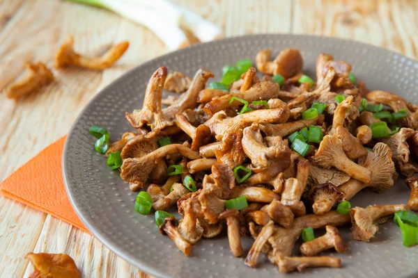 Fried chanterelles with slices of green onion — Stock Photo, Image