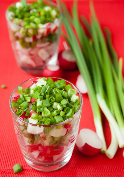 Rabanete e salada de cebola em vidro transparente , — Fotografia de Stock