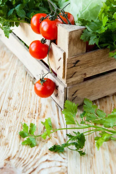 Cosechar verduras en una caja de madera — Foto de Stock