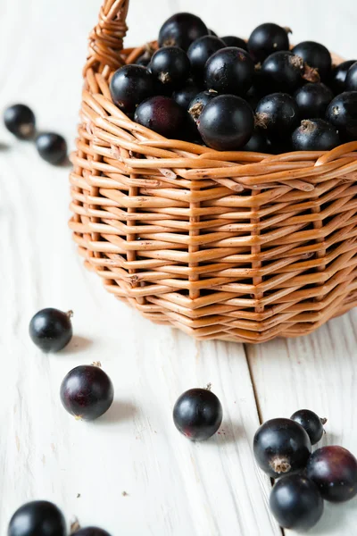 Black currants in a wicker basket — Stock Photo, Image