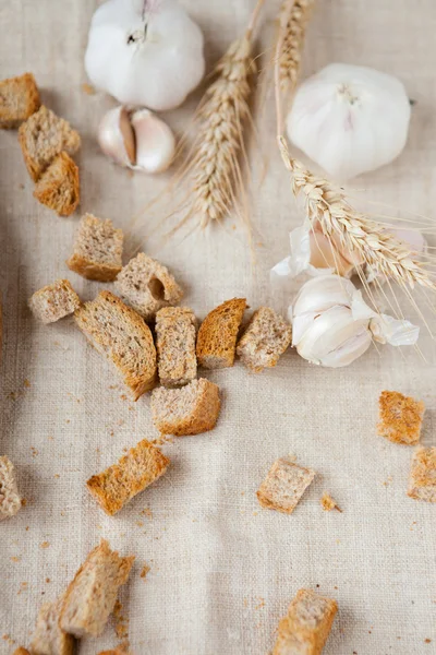 Croutons, wheat ears and garlic — Stock Photo, Image