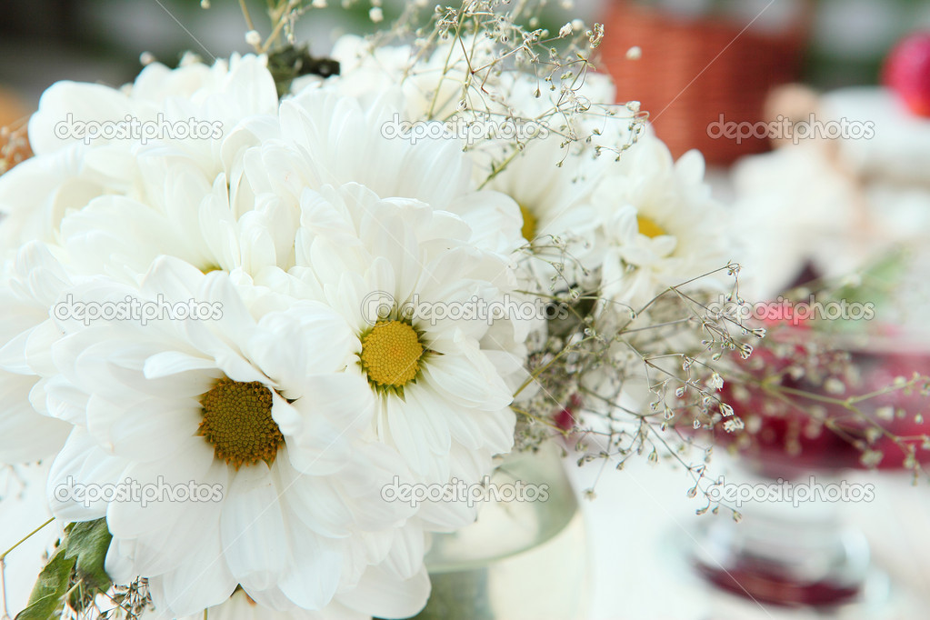 bouquet of white chrysanthemums, flowers in the kitchen