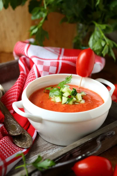 Gazpacho soup on an old wooden tray — Stock Photo, Image