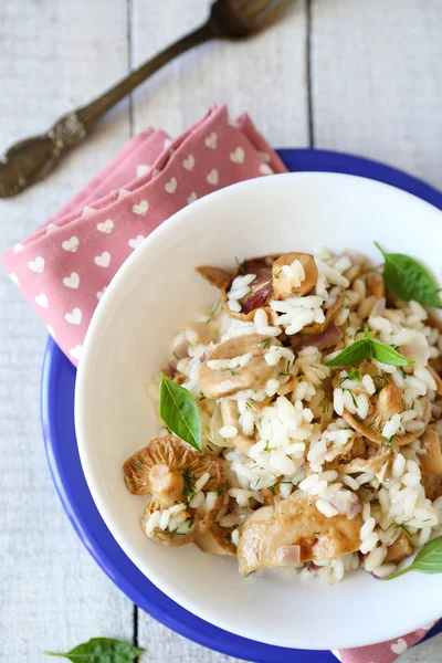 Risotto with boletus top view in white bowl — Stock Photo, Image