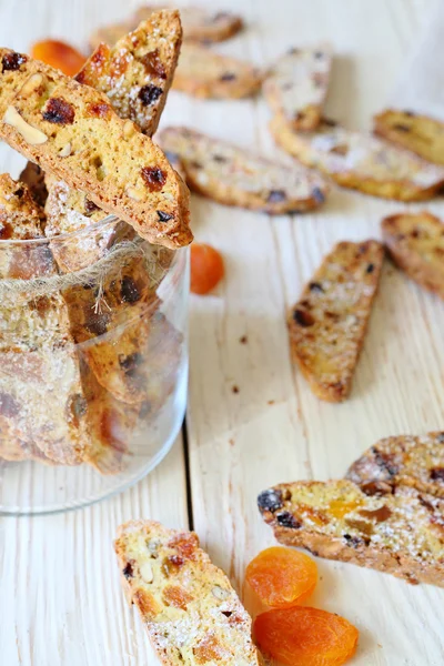 Biscotti cookies with dried fruit in a jar — Stock Photo, Image