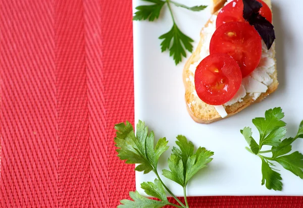 Pain grillé croustillant au fromage et à la tomate sur une assiette blanche — Photo