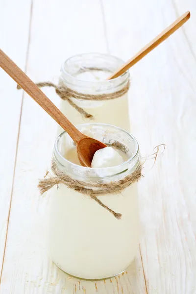 Two jars Greek yogurt — Stock Photo, Image