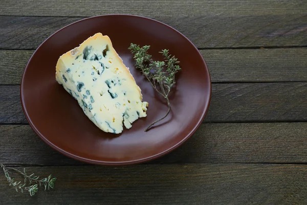 Stuk van blauwe kaas op een plaat — Stockfoto