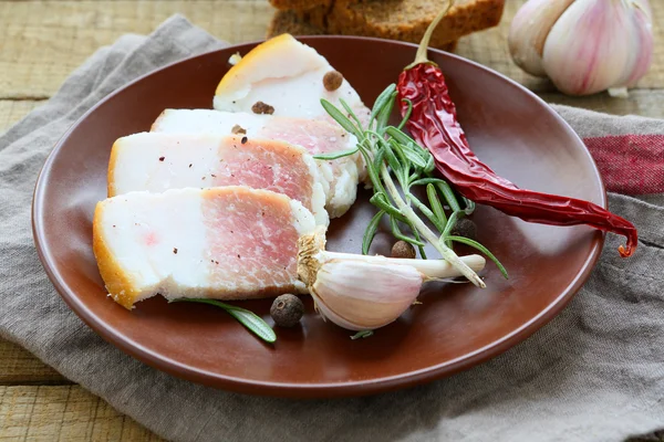 Bacon bits with spices on a plate — Stock Image Bacon bits with spices on a plate Stock Picture