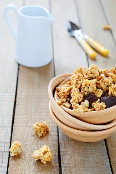 Granola with nuts and chocolate for breakfast — Stock Photo, Image