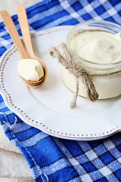 Fresh sour cream in a jar — Stock Photo, Image