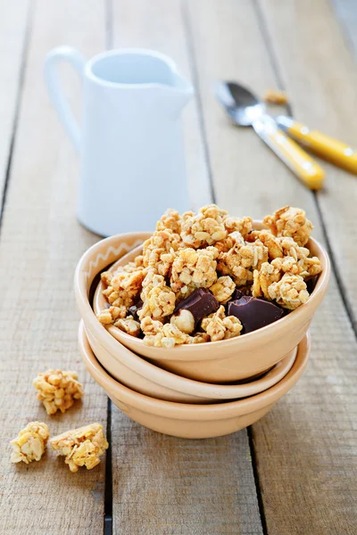 Granola with chocolate and nuts for breakfast — Stock Photo, Image